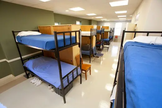 Bunk beds in shared dormitory at The Baltimore Station, a sober living home in Baltimore.